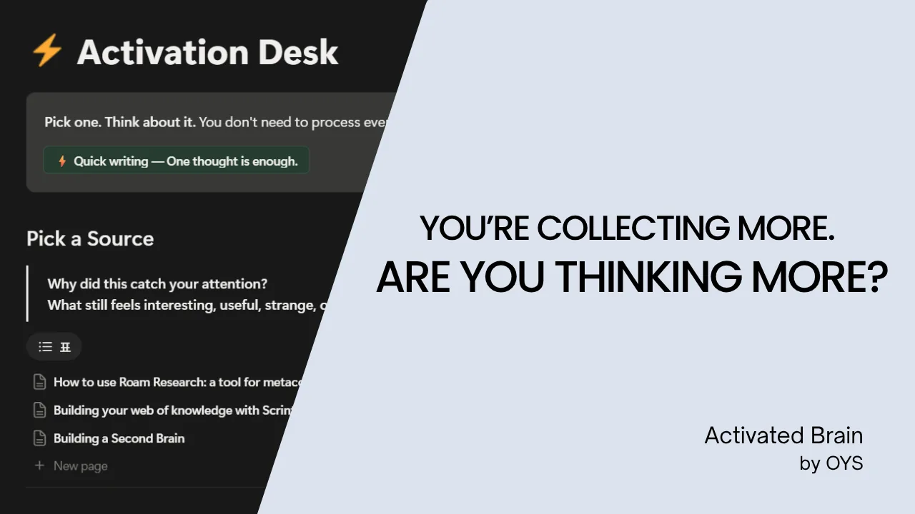 Activated Brain title card: the Activation Desk beside the question, you’re collecting more, are you thinking more?