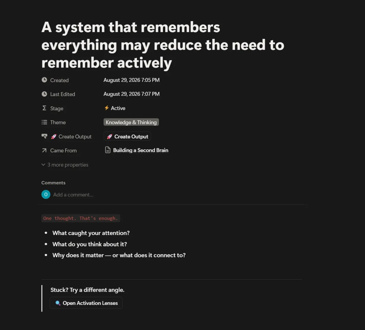 A thought page showing its stage, theme, and the source it came from, followed by three prompts: what caught your attention, what you think about it, and why it matters.