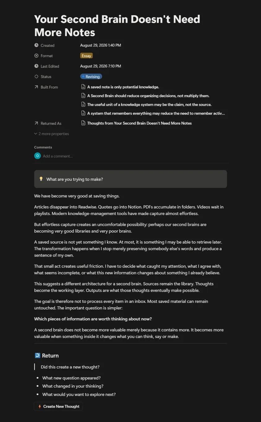 An output page for an essay, listing the thoughts it was built from, the draft itself, and a closing section asking what new thinking it produced.